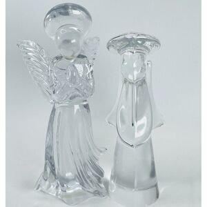 Pair Vtg Heavy Clear Glass Angel Figurine 7.5" Paperweight PR Taiwan Christmas